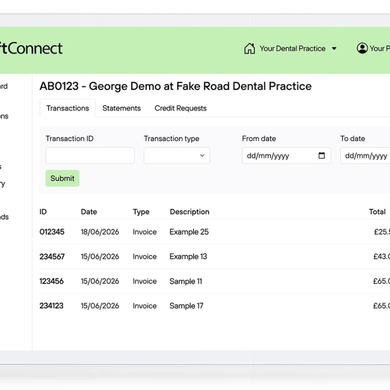 Invoices, statements and credits displayed in the SwiftConnect billing area.